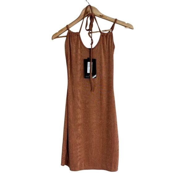 NWT PrettyLittleThing Mini Dress Size 4 Toffee Brown Textured Strappy Cocktail - Picture 3 of 8
